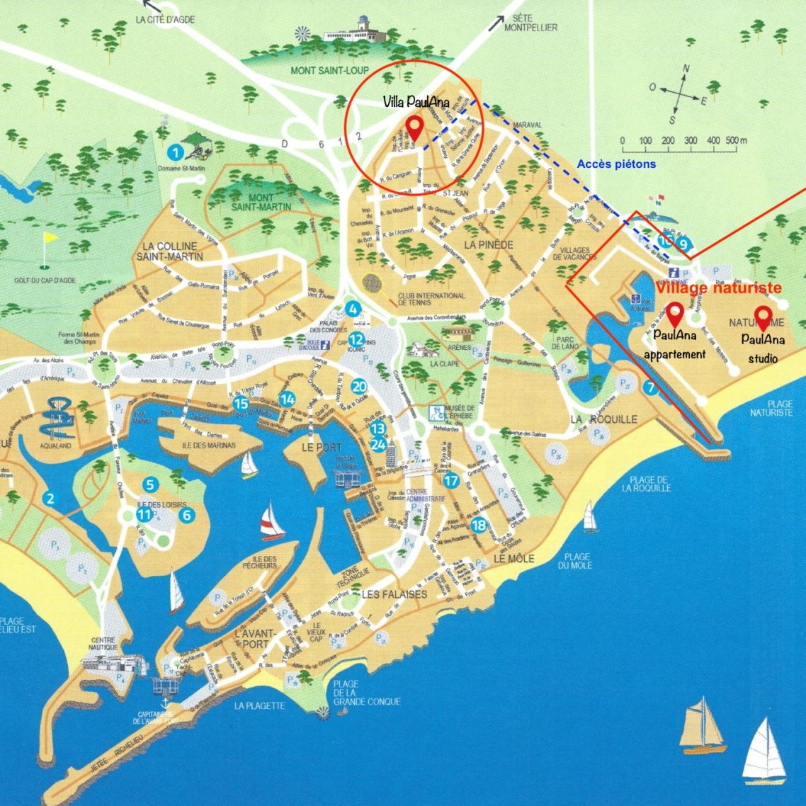 Villa PaulAna chambres d'hôtes naturistes Cap d'Agde, Cap d'Agde plan de situation de la Villa et du Village naturiste